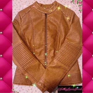 Annva size small camel color vegan leather with removable hoodie moto jacket.